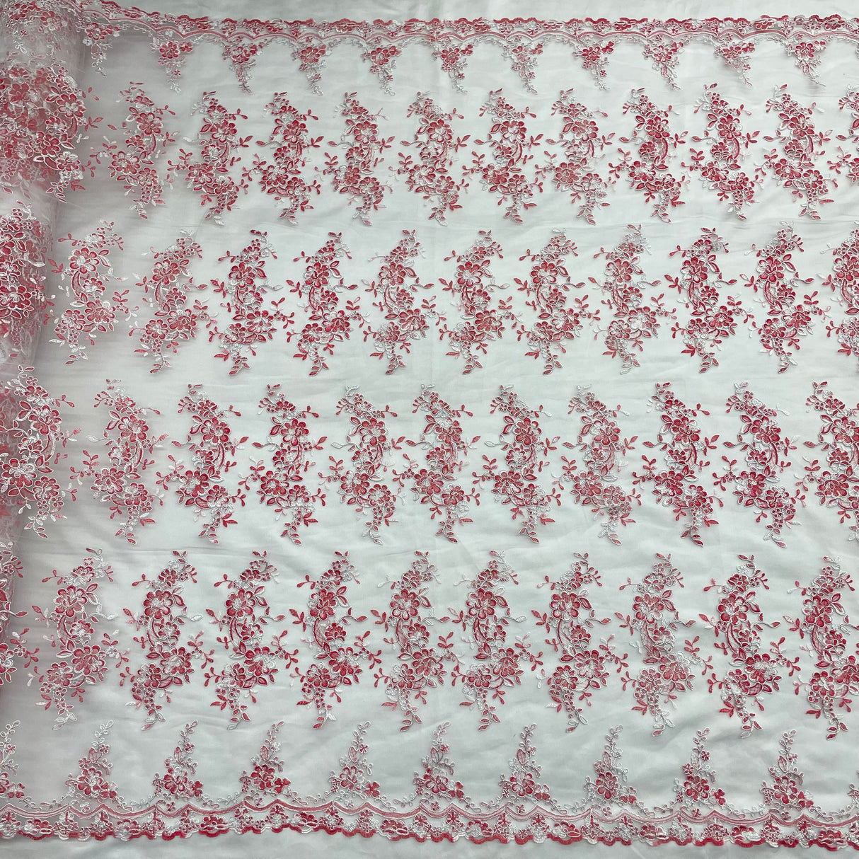 1 Yard Peach Corded Bridal Lace Fabric Embroidered Polyester Net Mesh 54 Inch Width