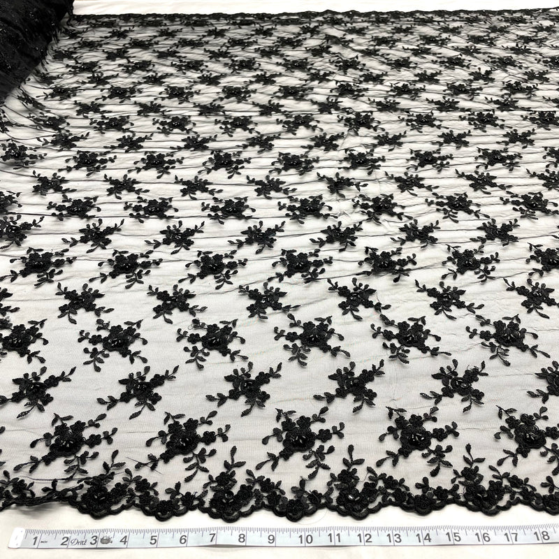 1 Yard Black Beaded & Corded Bridal Lace Fabric Embroidered on Polyester Net Mesh 52 Inch Width