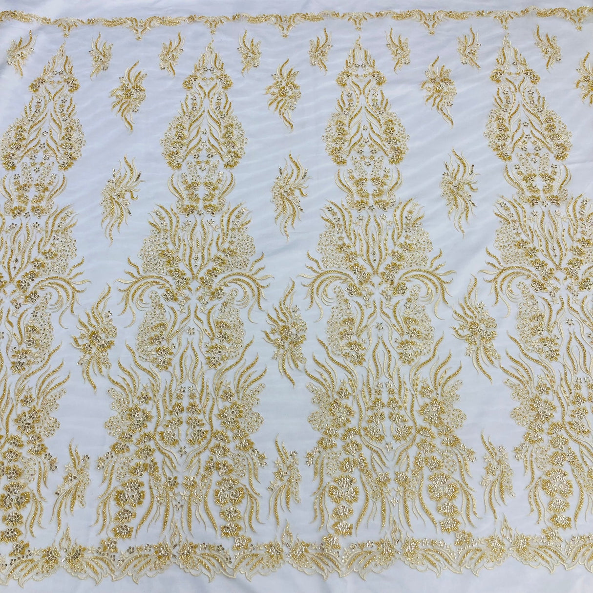 1 Yard Gold Beaded Lace Fabric Embroidered on Polyester Net Mesh 52 Inch Width