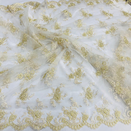 1 Yard Fuchsia Corded Bridal Lace Fabric Embroidered on Polyester Net Mesh 56 Inch Width