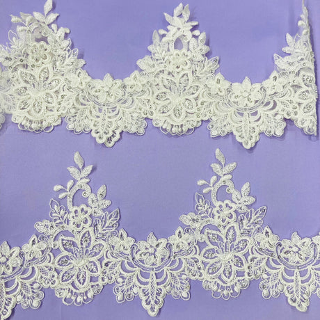 1 Yard Embroidered on 100% Polyester Net Mesh 6? Wide Beaded & Corded Lace Trimming