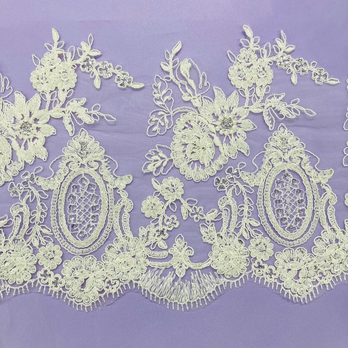 1 Yard Beaded & Corded Lace Trimming Embroidered on 100% Polyester Net Mesh 8.5" Wide