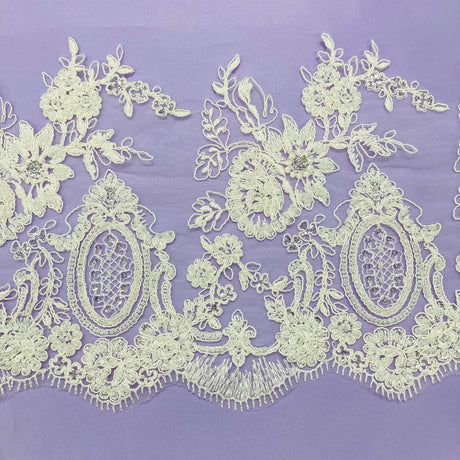 1 Yard Beaded & Corded Lace Trimming Embroidered on 100% Polyester Net Mesh 8.5" Wide