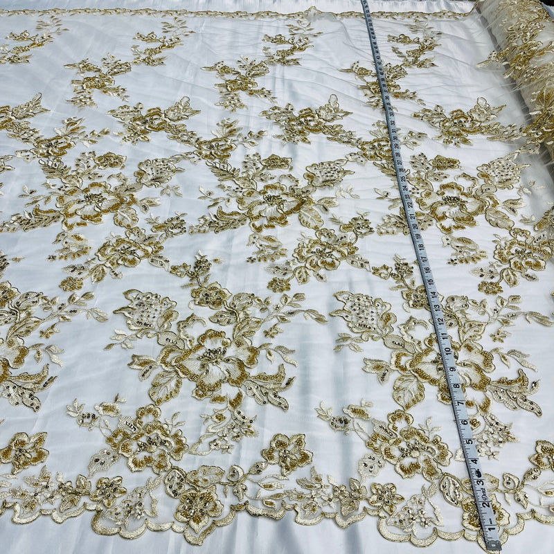 1 Yard Gold Beaded and Corded Bridal Lace Fabric Embroidered on 100 Percent Polyester Net Mesh 53 Inch Width