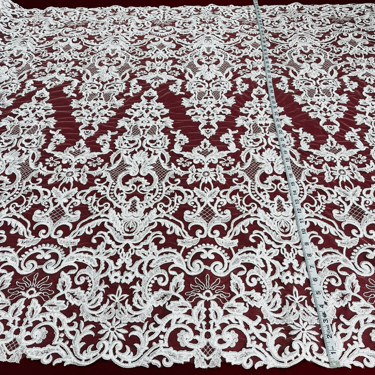 1 Yard White Corded Bridal Lace Fabric, Embroidered Polyester Mesh, 53" Wide, Elegant Wedding Fabrication