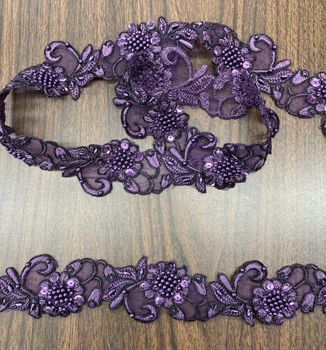 1 Yard Handmade Beaded & Corded Lace Trimming Embroidered on Polyester Organza 2 Inch Width