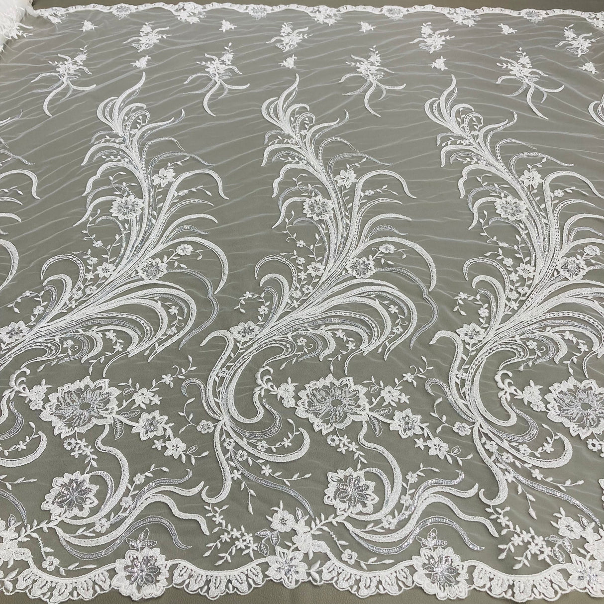 1 Yard Exquisite White Hand-Beaded Corded Bridal Lace Fabric on Net Mesh 52 inch Width