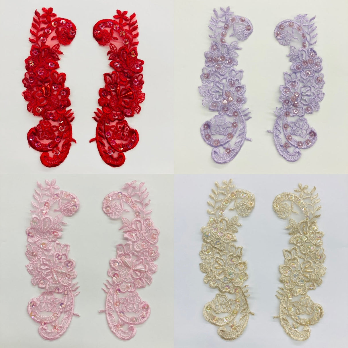 1 Pair Beaded Lace Applique Embroidered on 100% Polyester Organza 9" x 3" Each Side