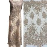 1 Yard Beaded Lace Fabric Embroidered on Polyester Net Mesh, Blush, 48" Width,