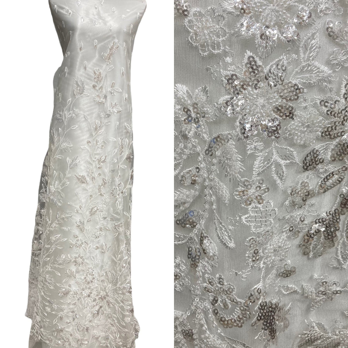 1 Yard Breathtaking White Beaded Sequined Lace Fabric on Net Mesh 54 inch Width