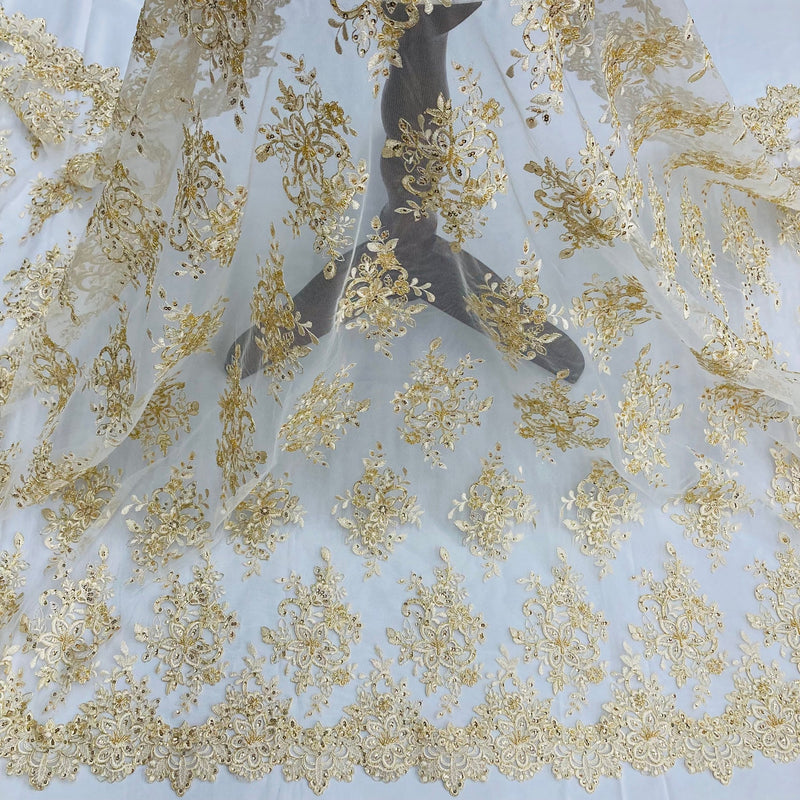 1 Yard Premium Beaded Corded Bridal Lace Fabric Embroidered on Polyester Mesh 54