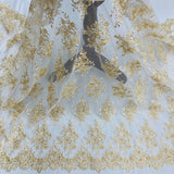 1 Yard Premium Beaded Corded Bridal Lace Fabric Embroidered on Polyester Mesh 54