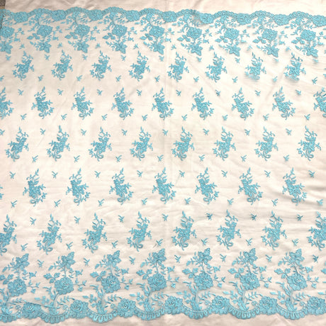 1 Yard Turquoise Corded Bridal Lace Fabric Embroidered Polyester Net Mesh 54 Inch Width