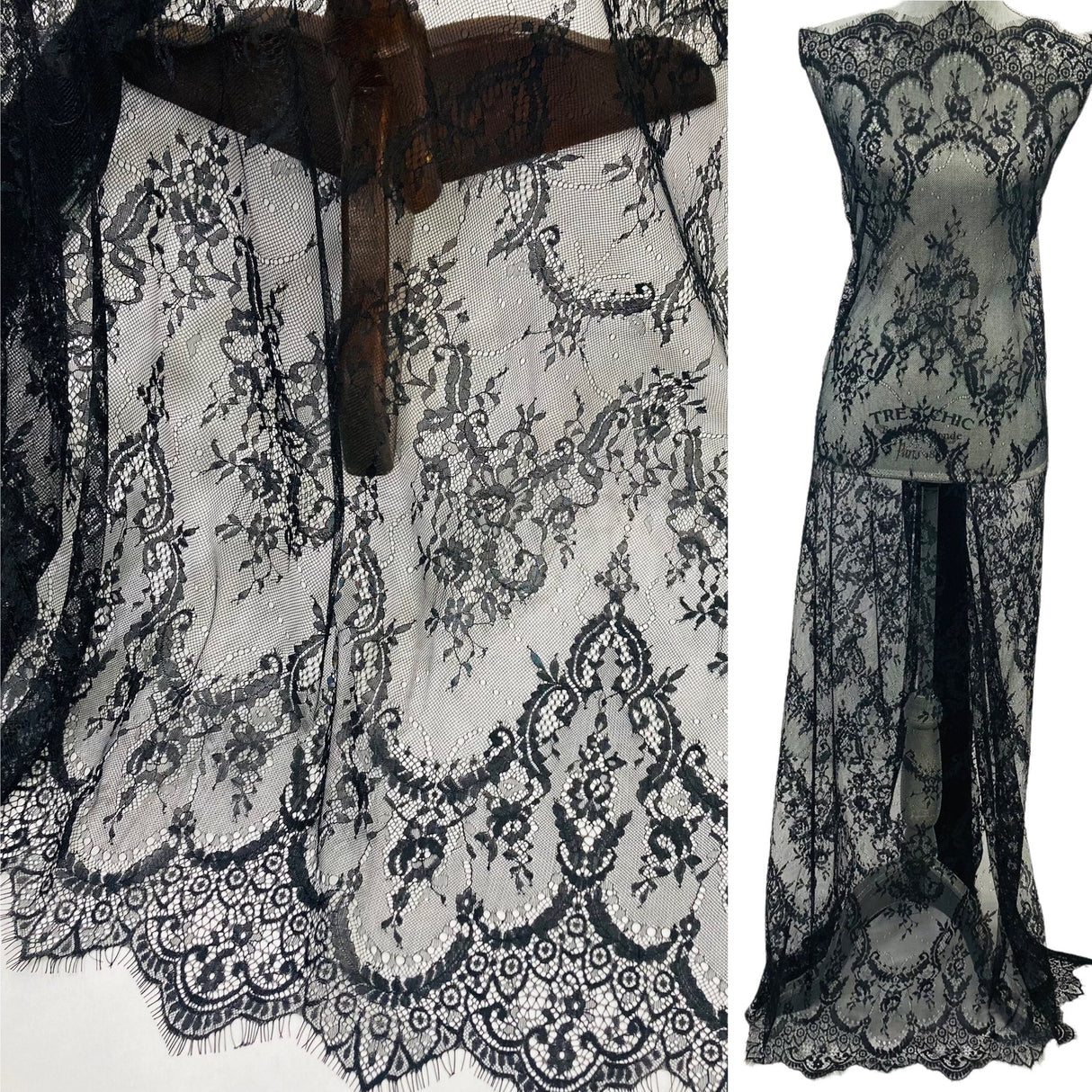3 Yards Chantilly Embroidered Lace with Eyelash Scallop 52? Wide Romantic Polyester Fabric for Dresses & Gowns