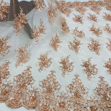1 Yard Gold Beaded Lace Fabric Embroidered on Polyester Net Mesh 50 inch Width