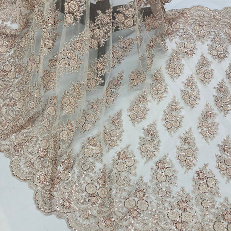 1 Yard Red Beaded Embroidered Lace Fabric on 100% Polyester Mesh, 50" Width