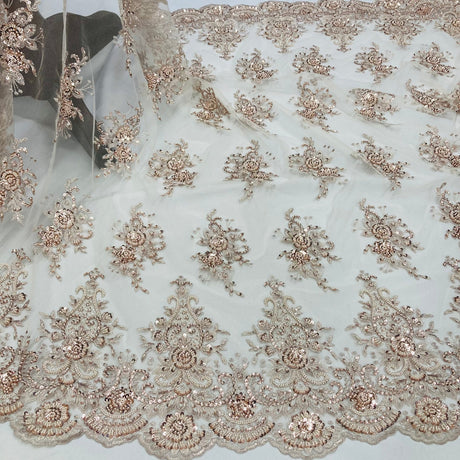 1 Yard Gold Beaded Lace Fabric Embroidered on Polyester Net Mesh 50 inch Width
