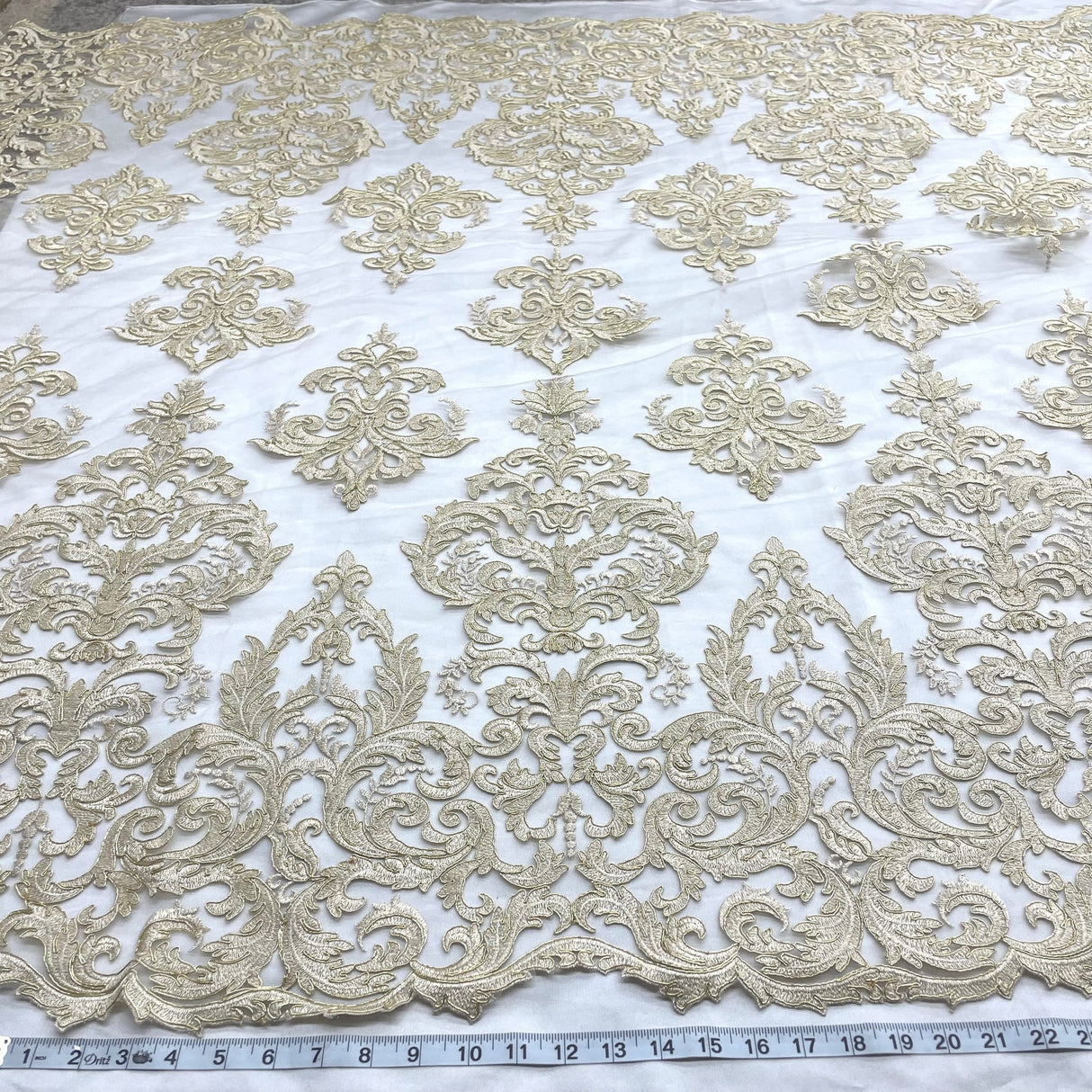 1 Yard Elegant Corded Bridal Lace Fabric Embroidered on Premium Polyester Mesh 54
