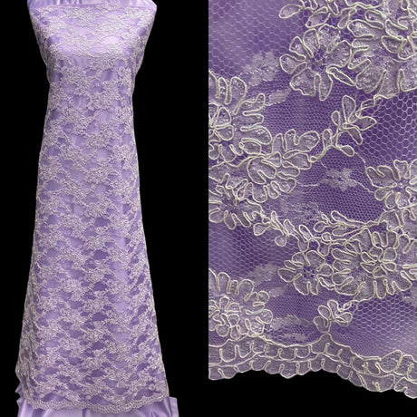 1 Yard Corded Bridal Lace Fabric Embroidered on Net Mesh 54" Width