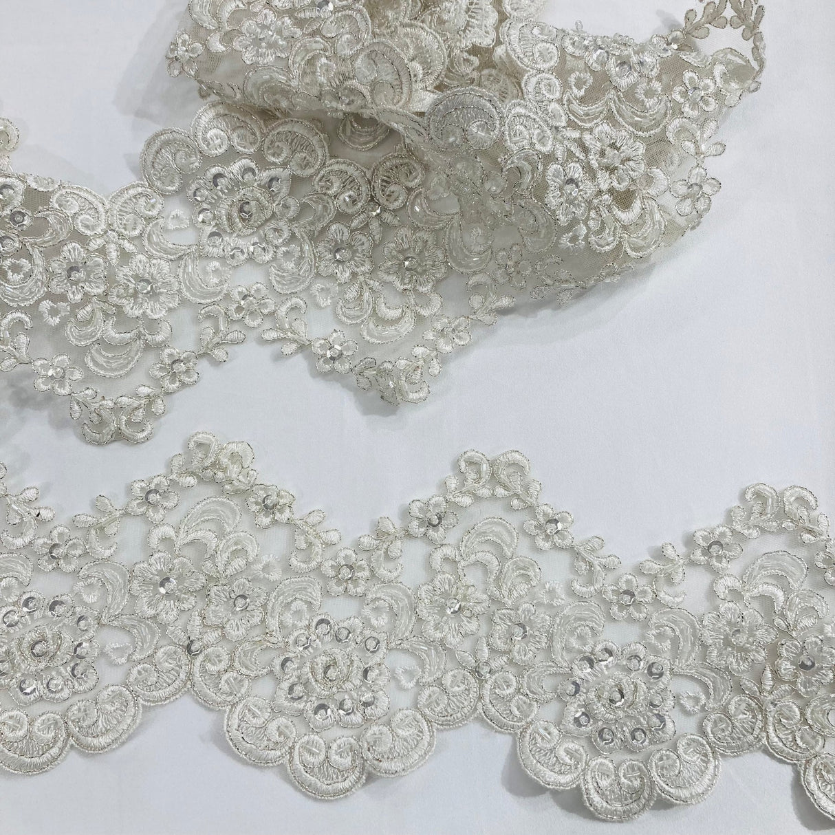 1 Yard Beaded & Corded Lace Trimming Embroidered on 100% Polyester Net Mesh 5? Wide