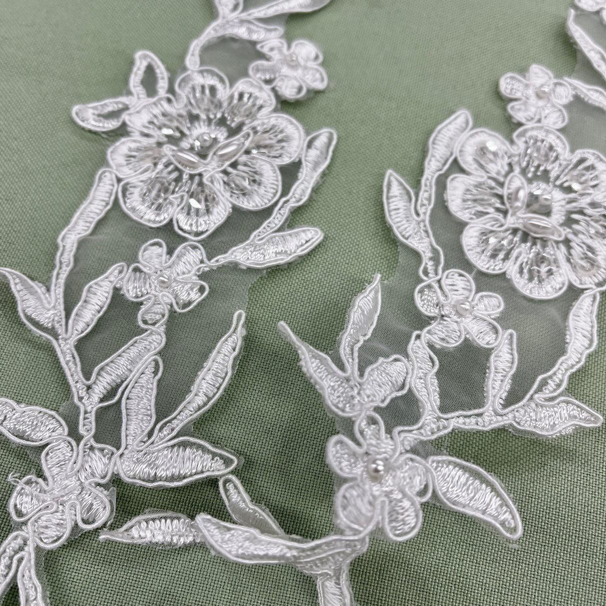 1 Pair Beaded & Corded Lace Applique Embroidered on 100% Polyester Organza