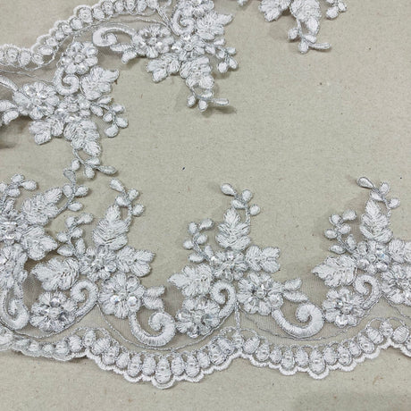 1 Yard Beaded & Corded Embroidered Lace Trim 4.5" Wide 100% Polyester Net Mesh for Bridal & Special Occasion