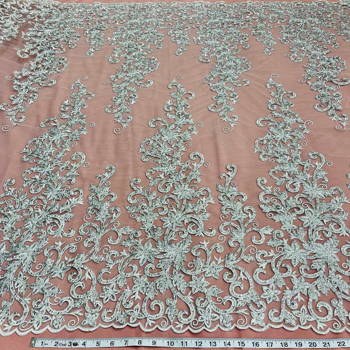 1 Yard Beaded & Corded Bridal Lace Fabric Embroidered on 100% Polyester Net Mesh | Lace USA - 97219W-HB - Silver - 51"