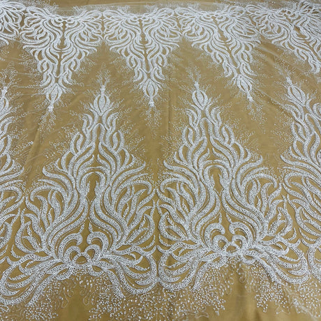 1 Yard Gold Beaded Corded Sequined Bridal Lace Fabric Embroidered on Polyester Net Mesh 54 Inch Width