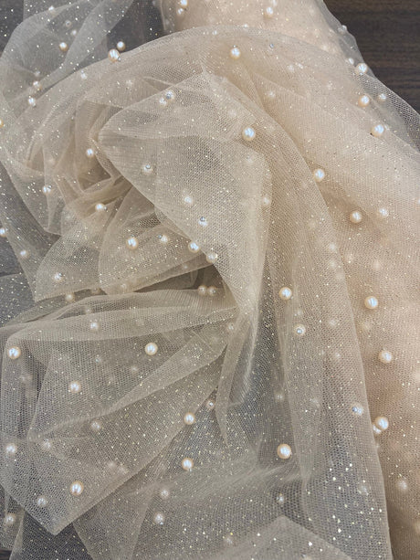 1 Yard Hunter Green Glitter Mesh Fabric with Scattered Pearls Stretch Soft Sparkle Net 60 Inch Width