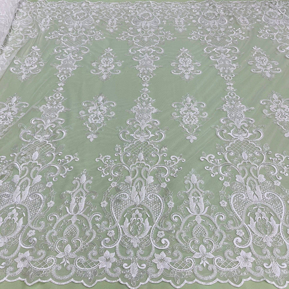 1 Yard Ivory Beaded & Sequined Embroidered Lace Fabric on Polyester Mesh, 54" Wide,