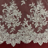 1 Yard Premium Beaded Corded Bridal Lace Fabric Embroidered on Polyester Mesh 54