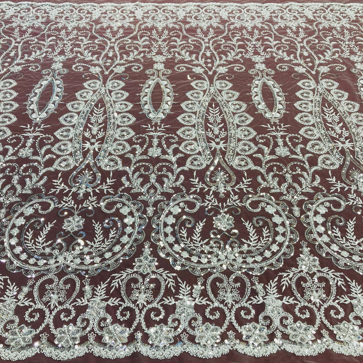 1 Yard Beaded Lace Fabric Embroidered on Polyester Net Mesh with Sequins and Pearls 52 inch Width