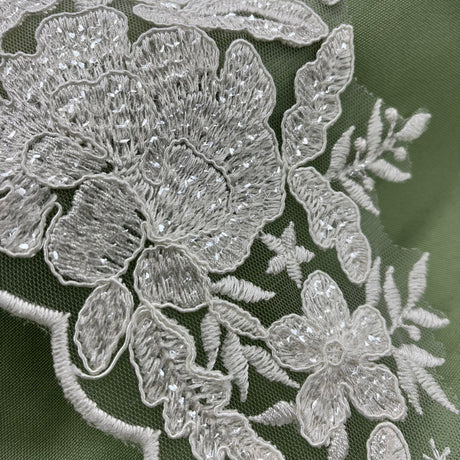 1 Yard Beaded & Corded Floral Lace Trimming Embroidered on 100% Polyester Net Mesh 6.5? Wide