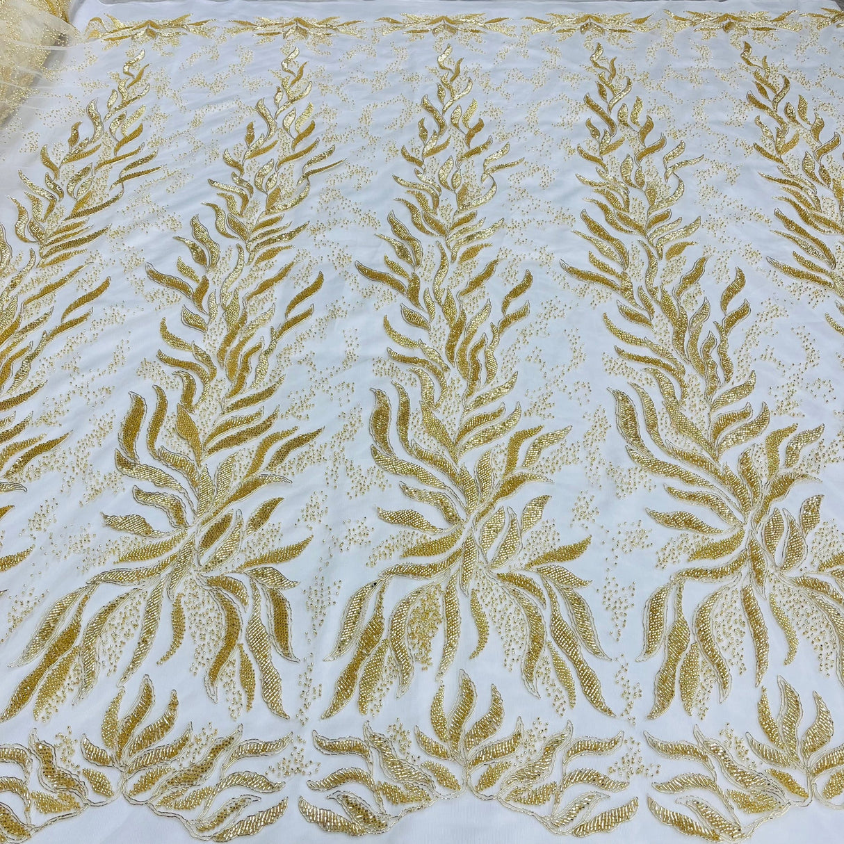 1 Yard Gold Beaded and Corded Bridal Lace Fabric Embroidered on 100 Percent Polyester Net Mesh 58 Inch Width