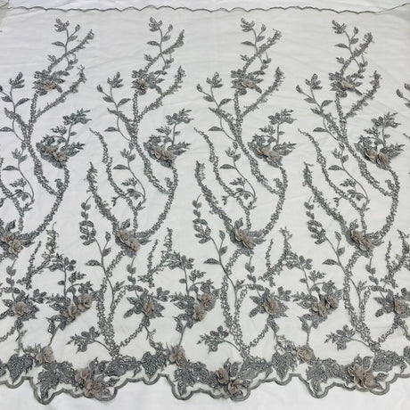 1 Yard Beaded 3D Floral Lace Fabric Embroidered on Premium Polyester Mesh 52