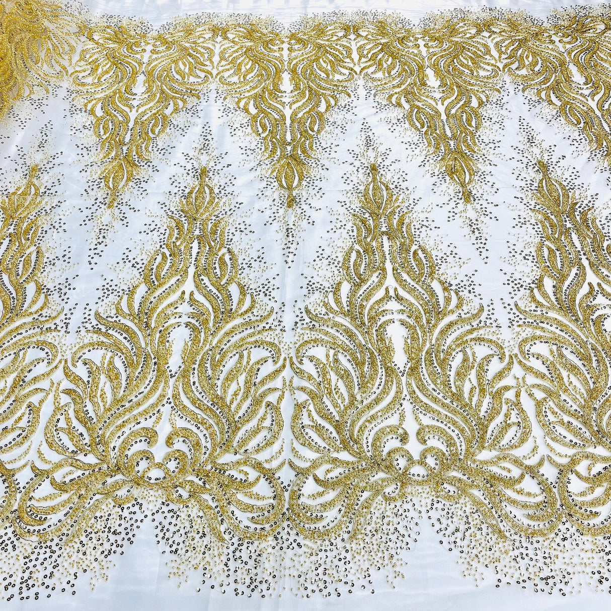 1 Yard Gold Beaded Corded Sequined Bridal Lace Fabric Embroidered on Polyester Net Mesh 54 Inch Width