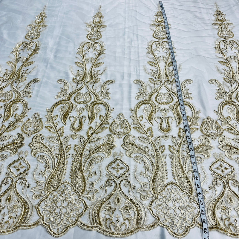 1 Yard Gold Beaded Lace Fabric Embroidered on Polyester Mesh, 50" Wide Decorative Fabrication