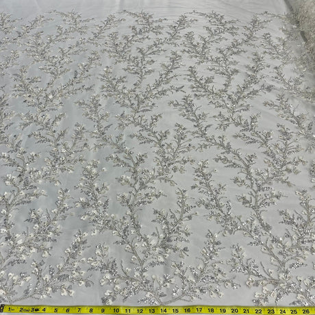 1 Yard Ivory Silver Beaded 3D Floral Lace Fabric, Embroidered Polyester Mesh, 54" Wide
