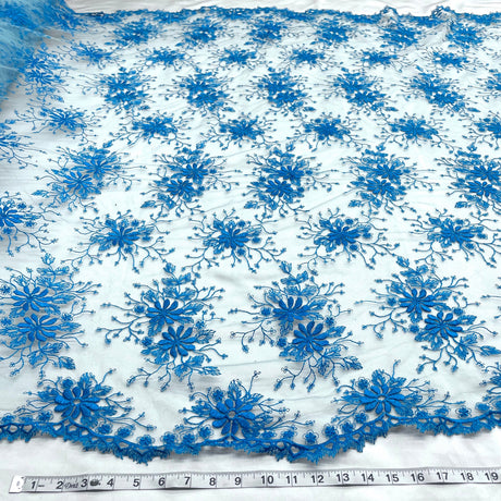1 Yard Ivory Floral Lace Fabric Embroidered Polyester Net Mesh 52 Inch Width