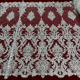1 Yard Corded Bridal Lace Fabric Embroidered on Premium Polyester Mesh 52