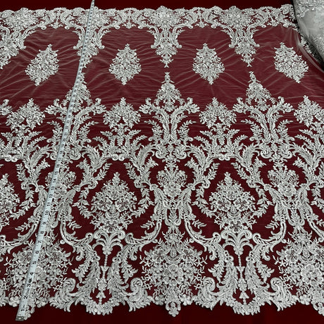1 Yard Corded Bridal Lace Fabric Embroidered on Premium Polyester Mesh 52