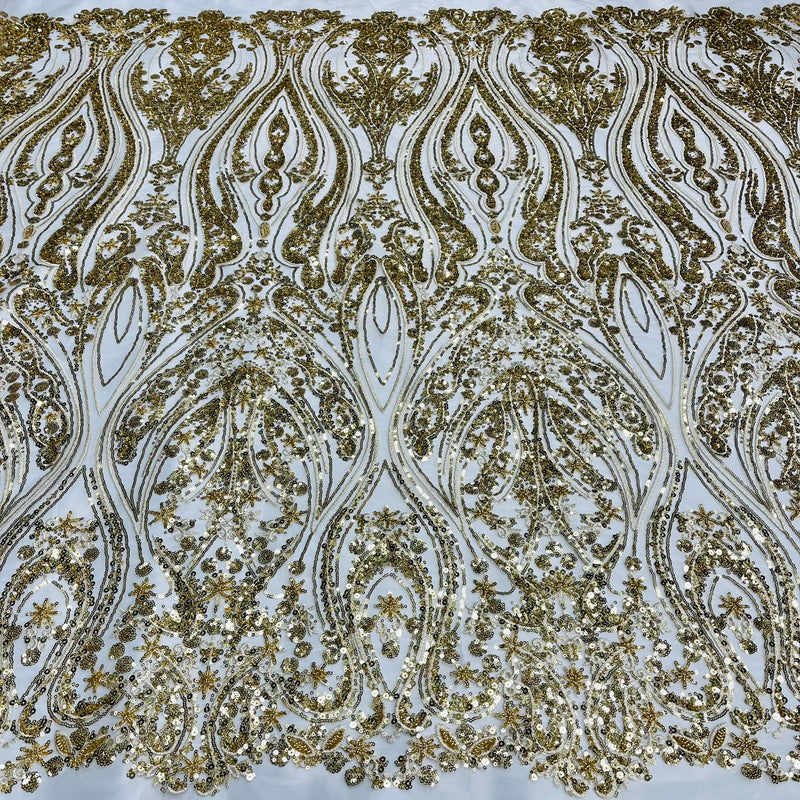 1 Yard Gold Beaded Lace Fabric Embroidered on Polyester Net Mesh 54 Inch Width