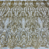 1 Yard Gold Beaded Lace Fabric Embroidered on Polyester Net Mesh 54 Inch Width