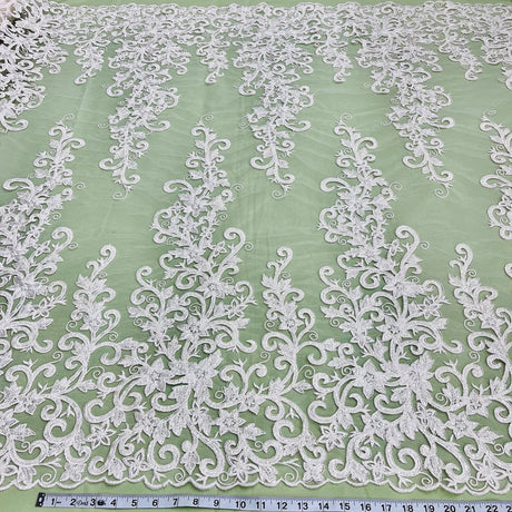 1 Yard Ivory Beaded & Corded Bridal Fabric Lace Embroidered on Polyester Net Mesh, 51" Width, Elegant Wedding Fabric