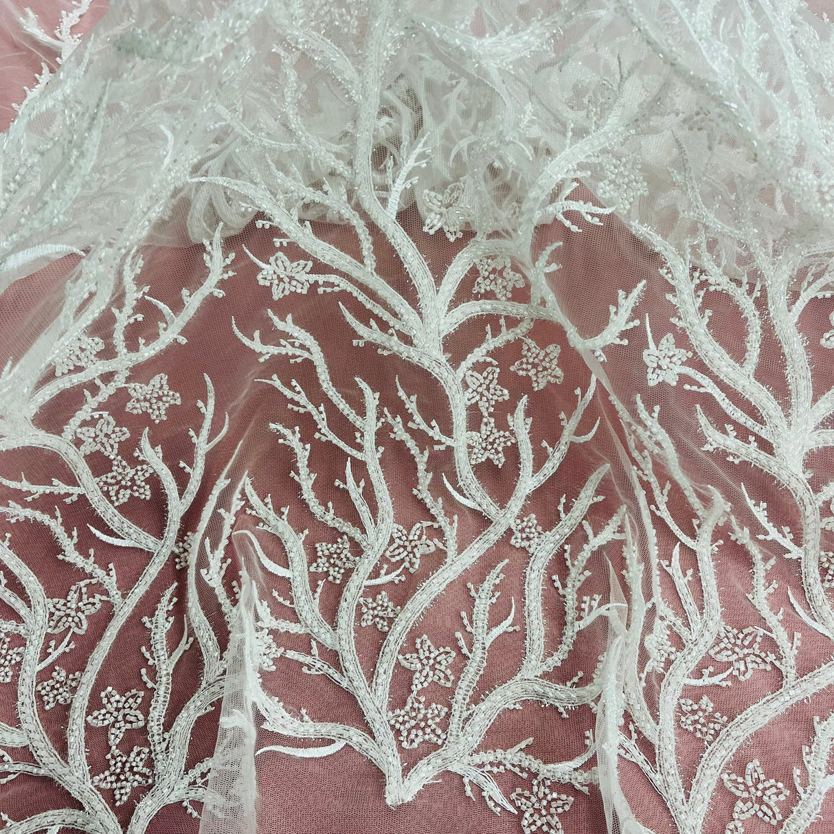 1 Yard Beaded Lace Fabric with Fuzzy Thread Embroidery on Polyester Net Mesh, 54" Wide Bridal & Evening Fabric