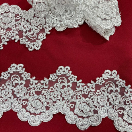 1 Yard Beaded & Corded Lace Trimming Embroidered on 100% Polyester Net Mesh 5? Wide