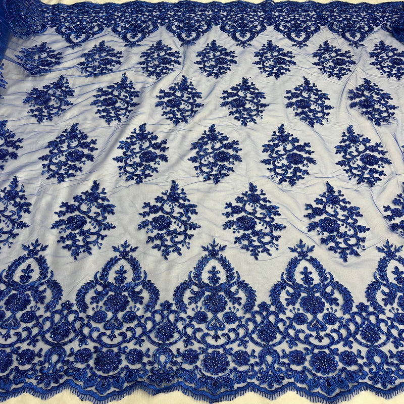 1 Yard Exquisite Royal Blue Corded Beaded Bridal Lace Fabric 53 inch Width