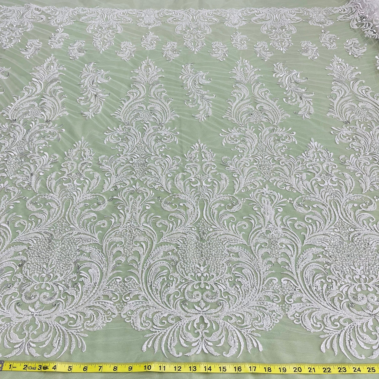 1 Yard Silver Beaded Lace Fabric Embroidered on 100% Polyester Net Mesh 60 Inch Width