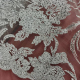 1 Yard Corded and Sequined Bridal Lace Fabric for Elegant Gowns White