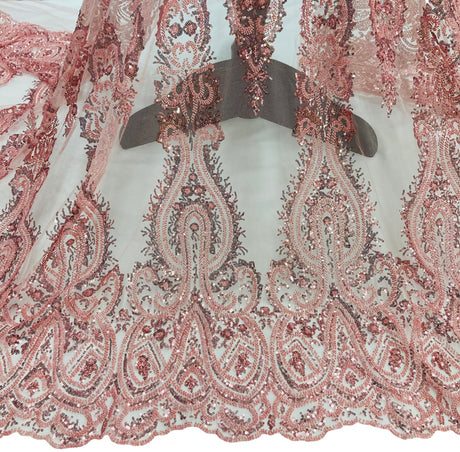 1 Yard Beaded Embroidered Lace Fabric on Polyester Mesh, 51" Wide,